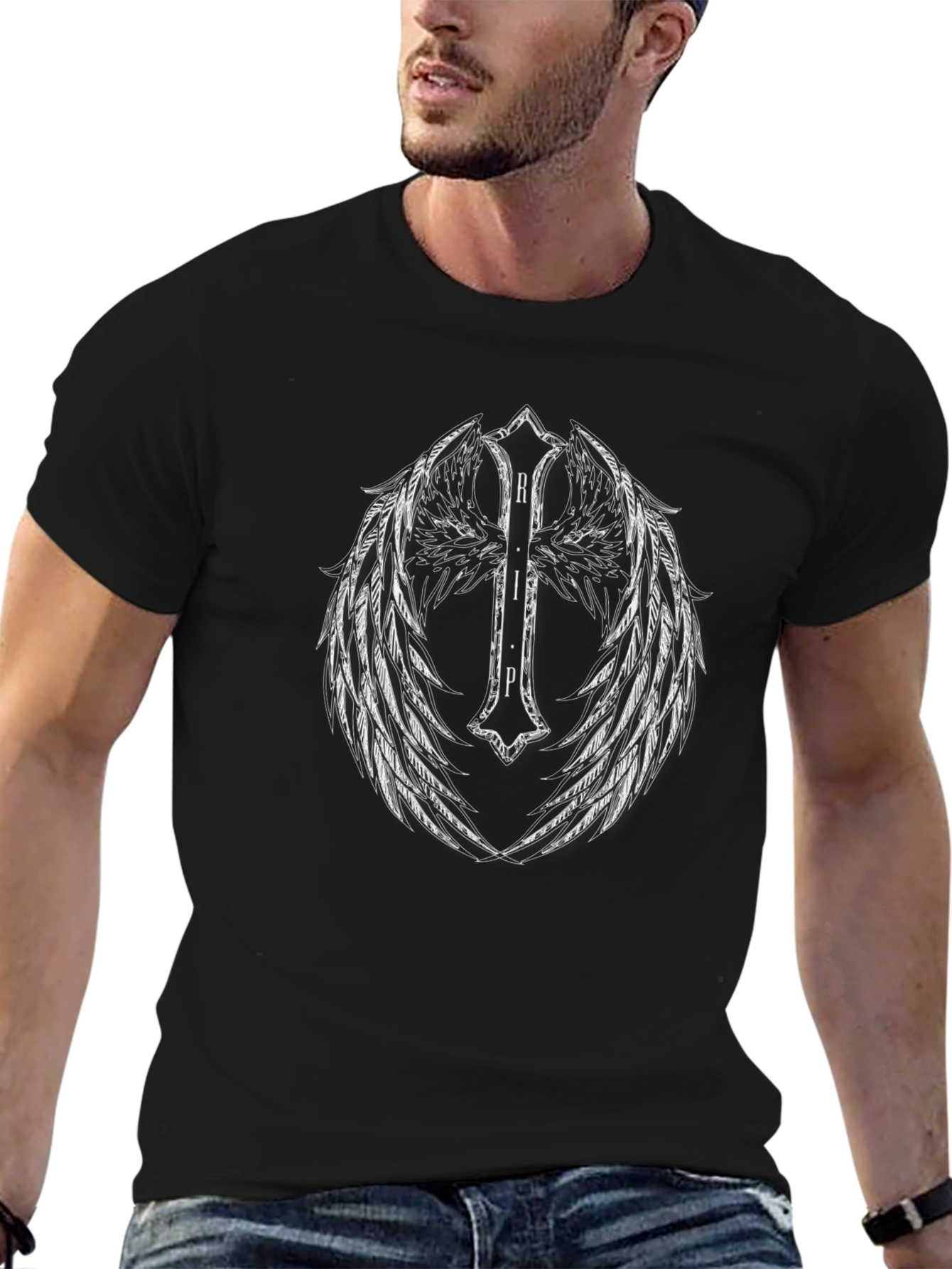 Winged RIP Cross Graphic Tee - Black