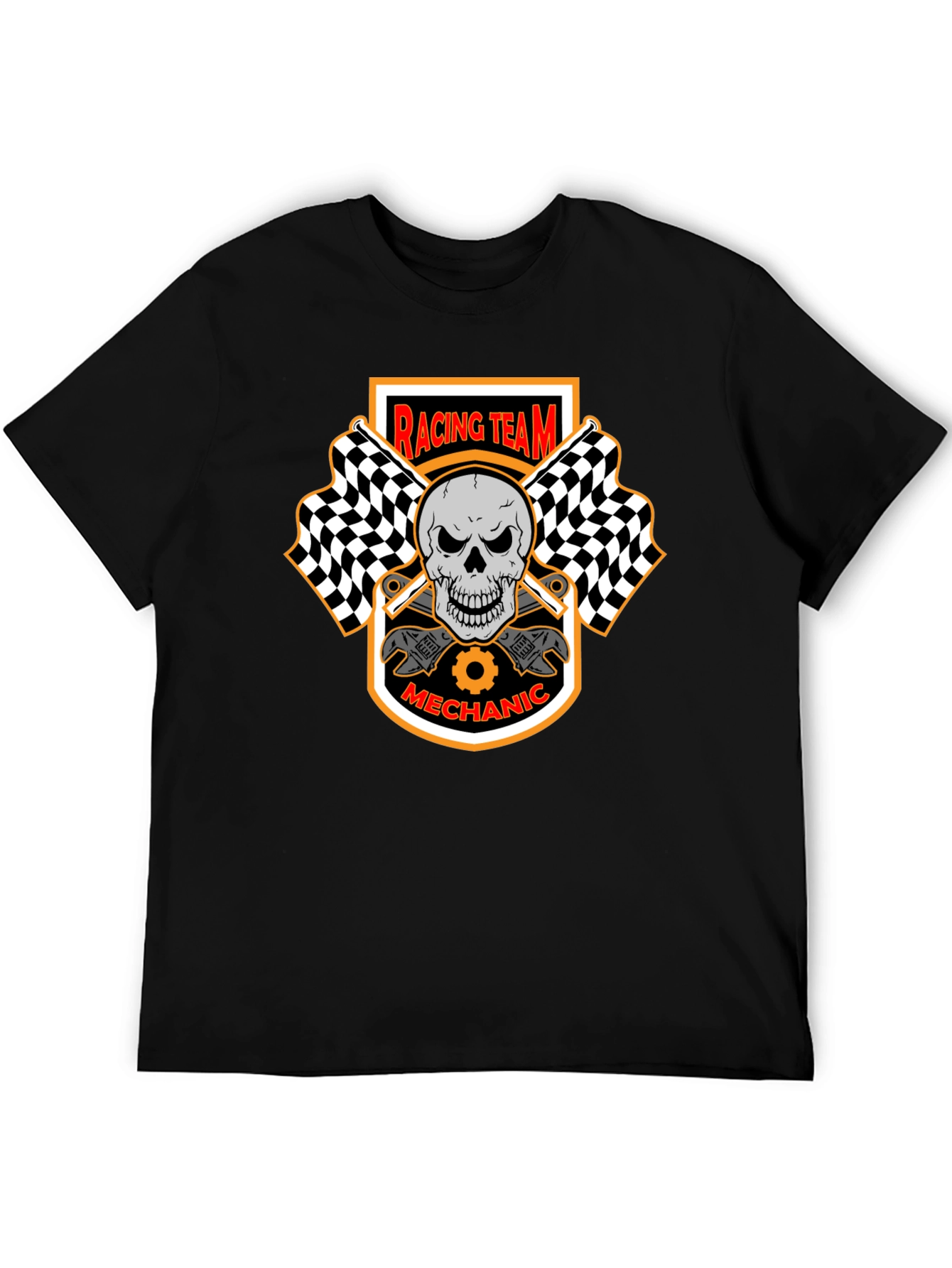 Racing Team Mechanic Skull Graphic Black T-Shirt
