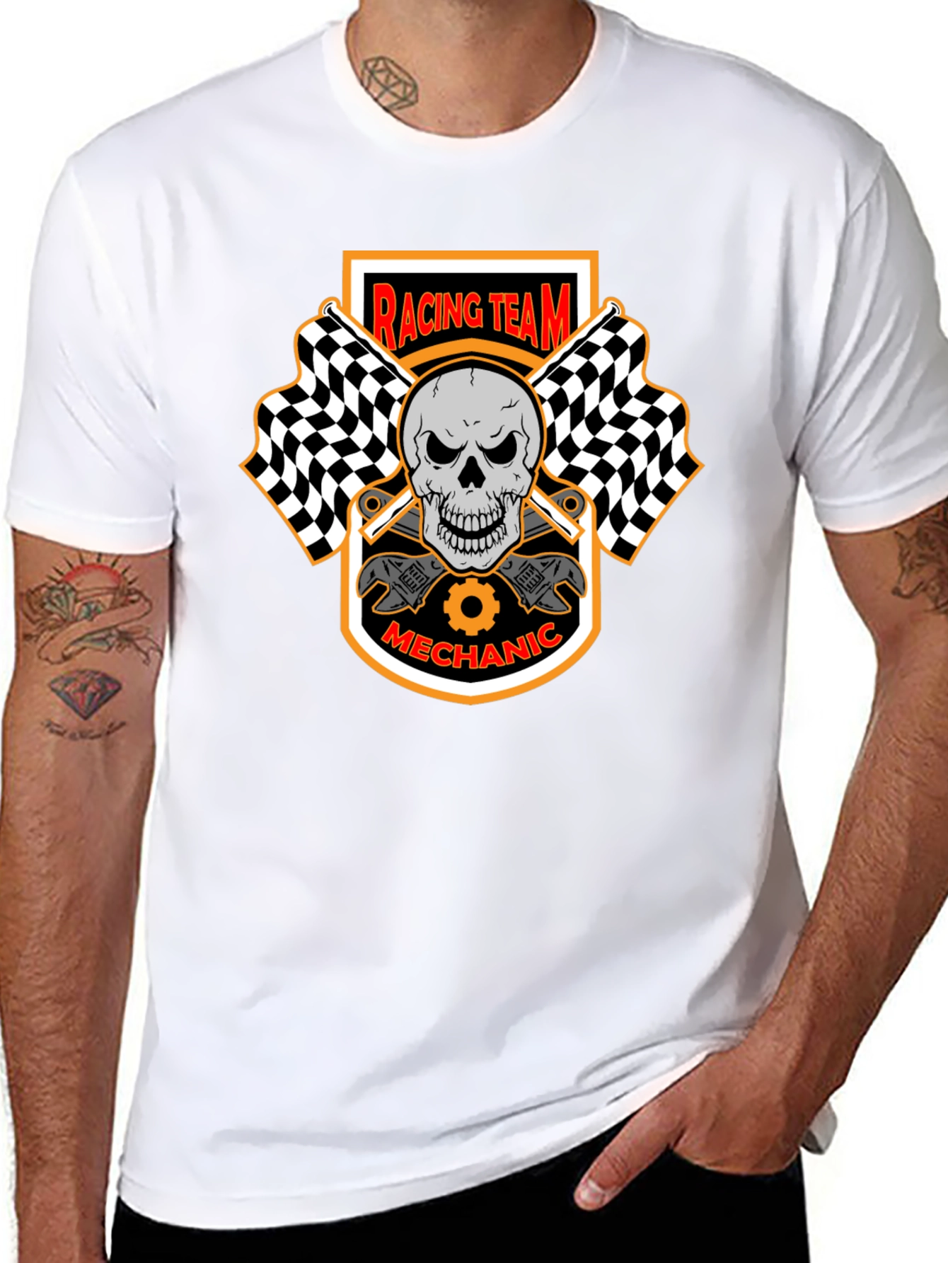 Racing Team Mechanic Skull Graphic Black T-Shirt