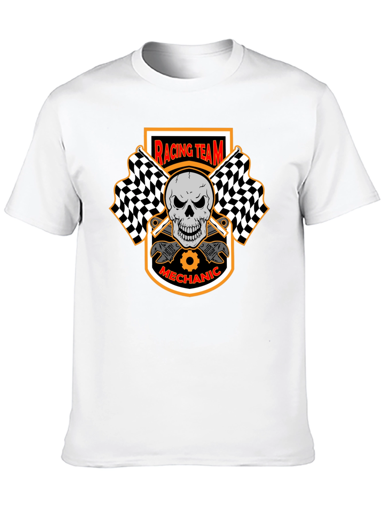Racing Team Mechanic Skull Graphic Black T-Shirt