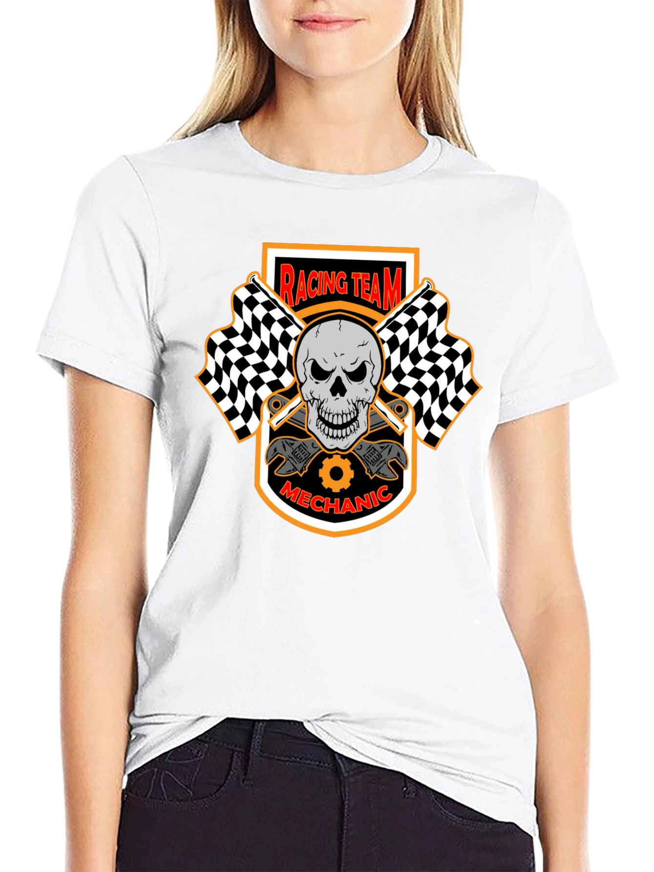 Racing Team Mechanic Skull Graphic Black T-Shirt