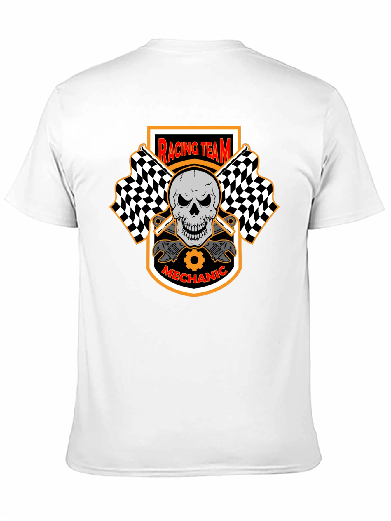 Racing Team Mechanic Skull Graphic Black T-Shirt