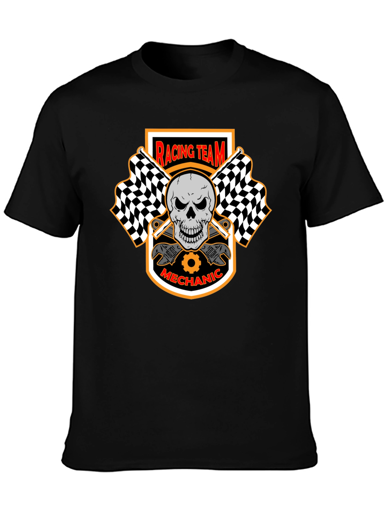 Racing Team Mechanic Skull Graphic Black T-Shirt