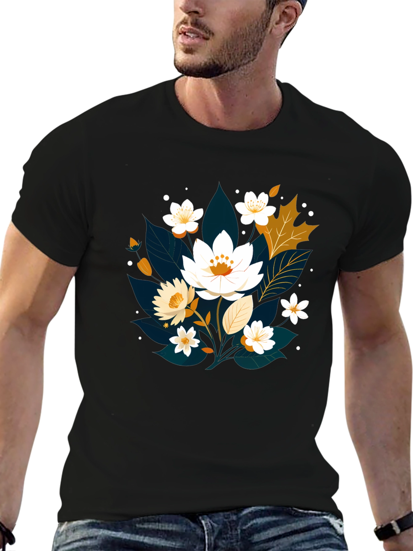 Floral Print Black T-Shirt - Nature Inspired Design