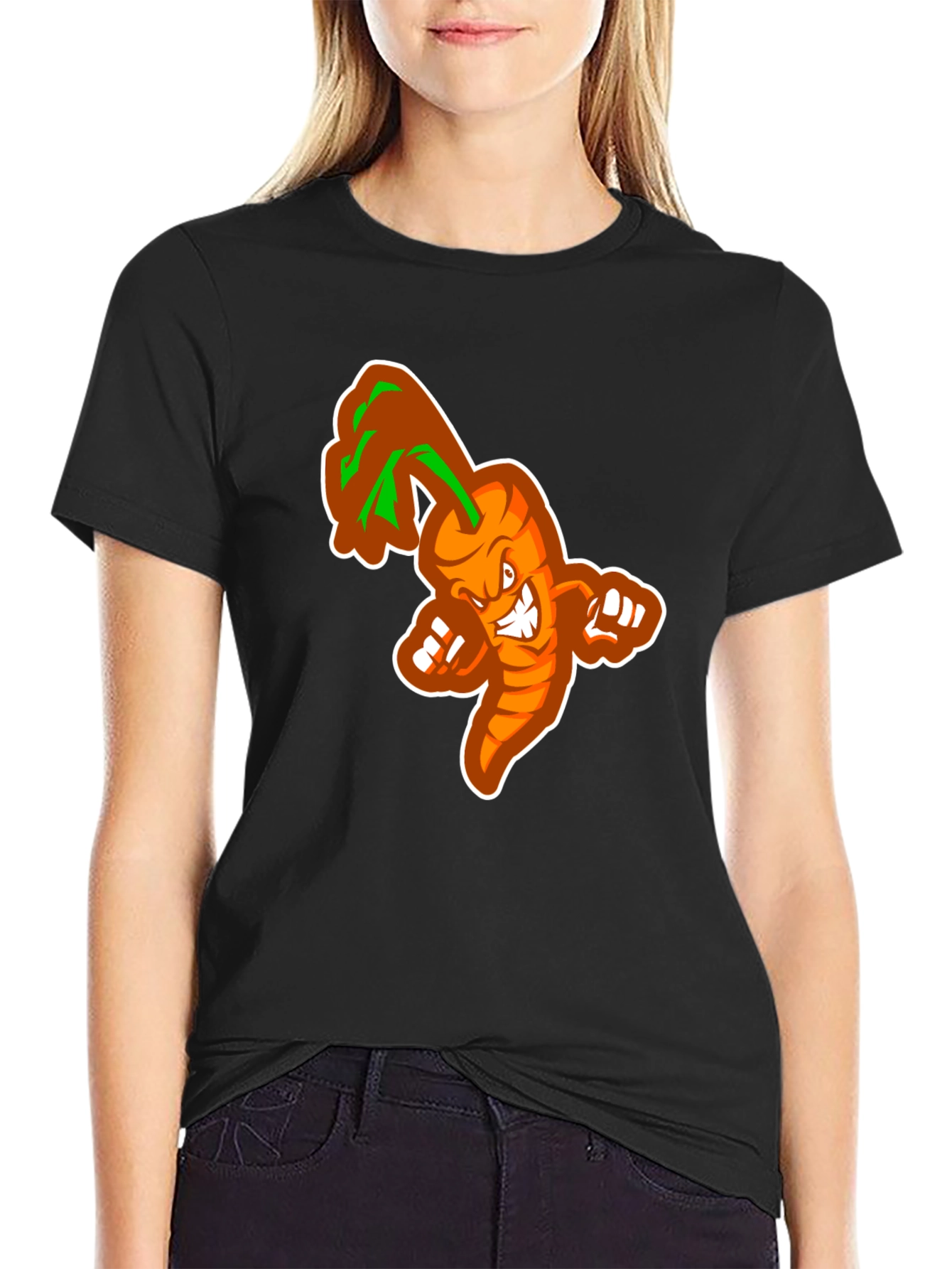 Mens Black T-shirt with Cartoon Carrot Design