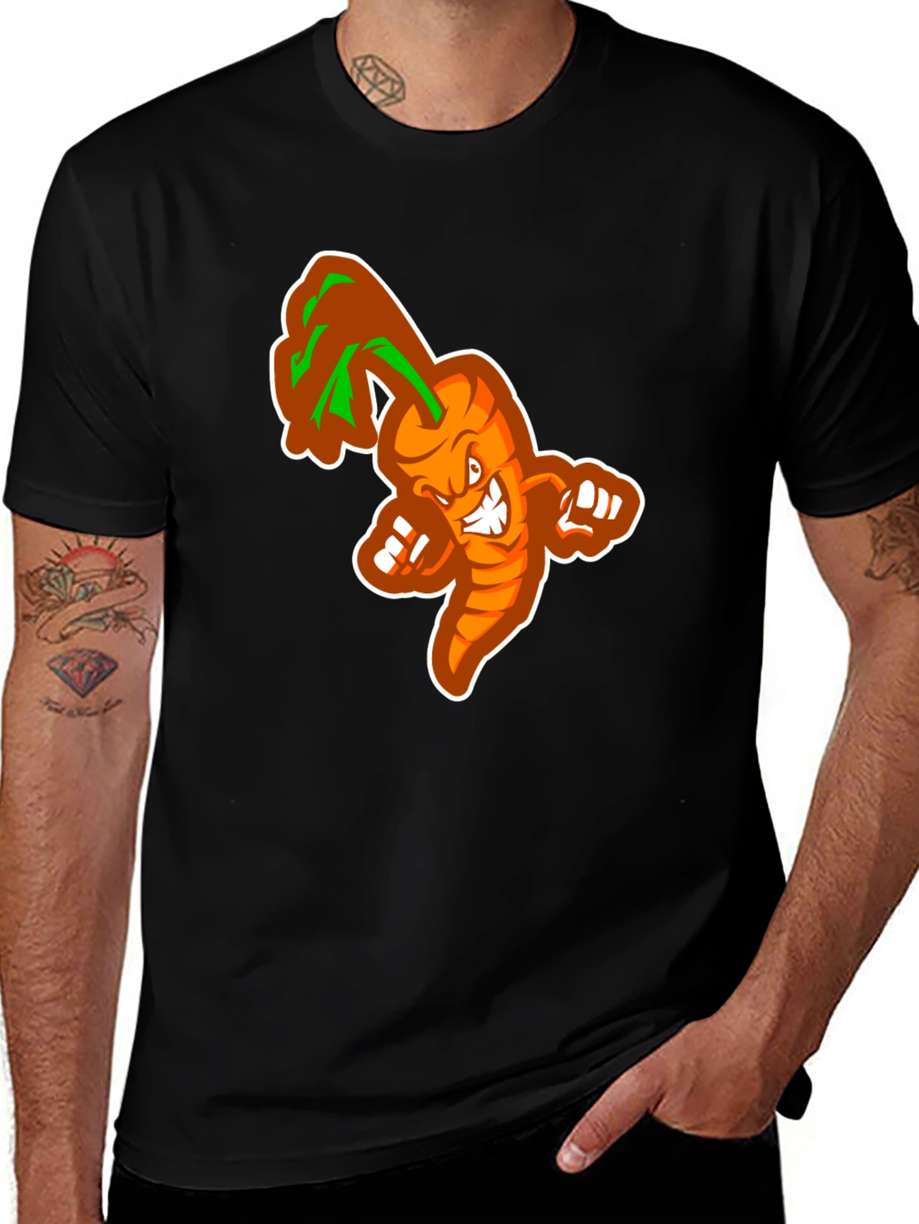 Mens Black T-shirt with Cartoon Carrot Design
