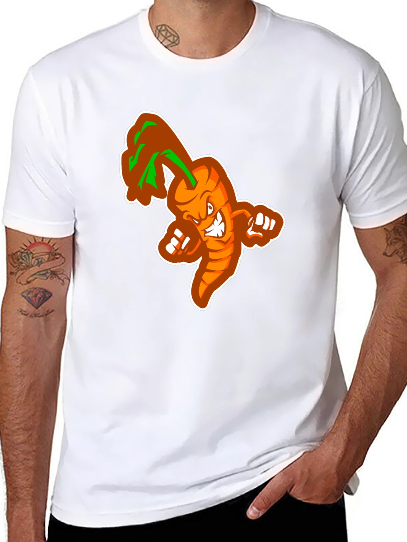 Mens Black T-shirt with Cartoon Carrot Design