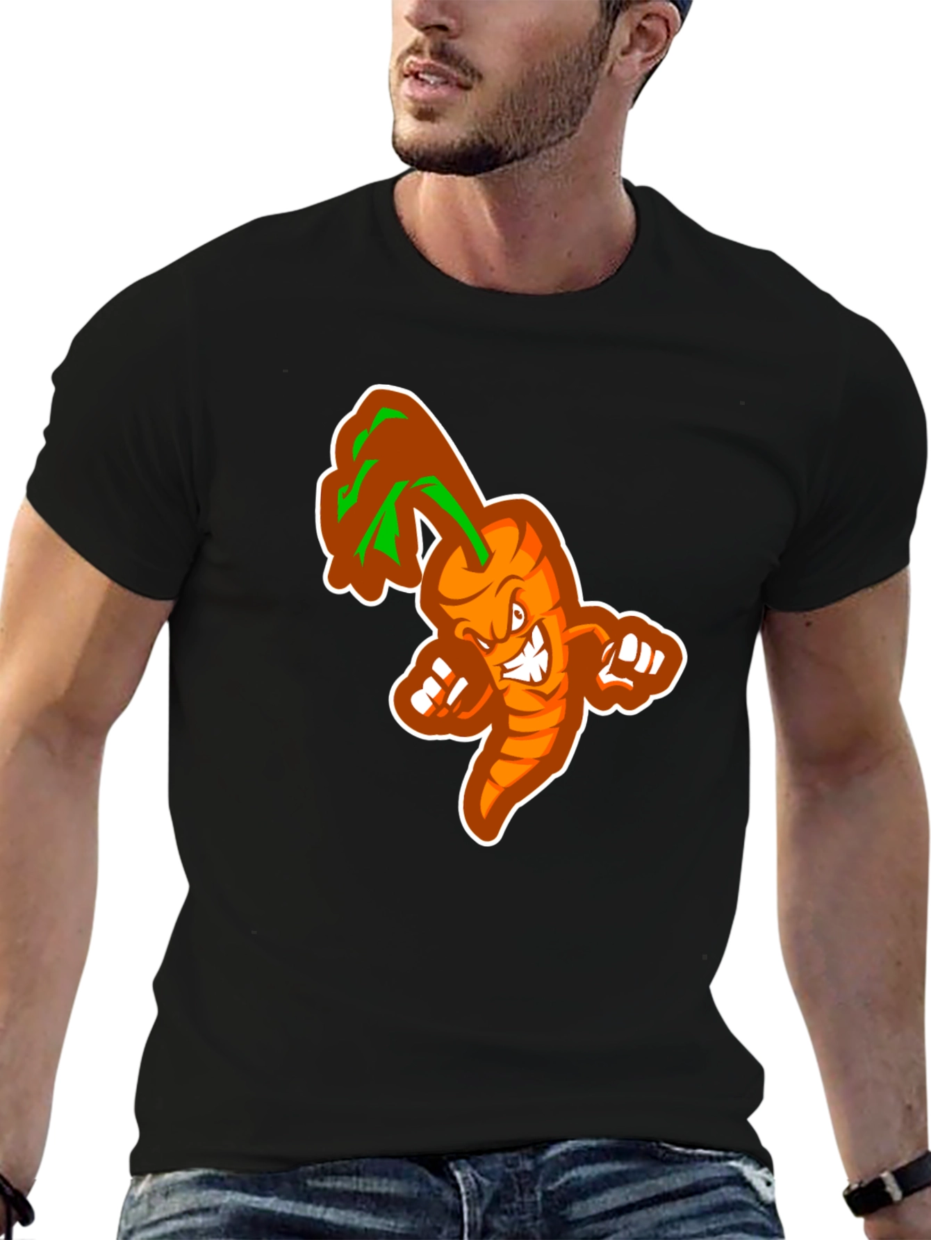 Mens Black T-shirt with Cartoon Carrot Design