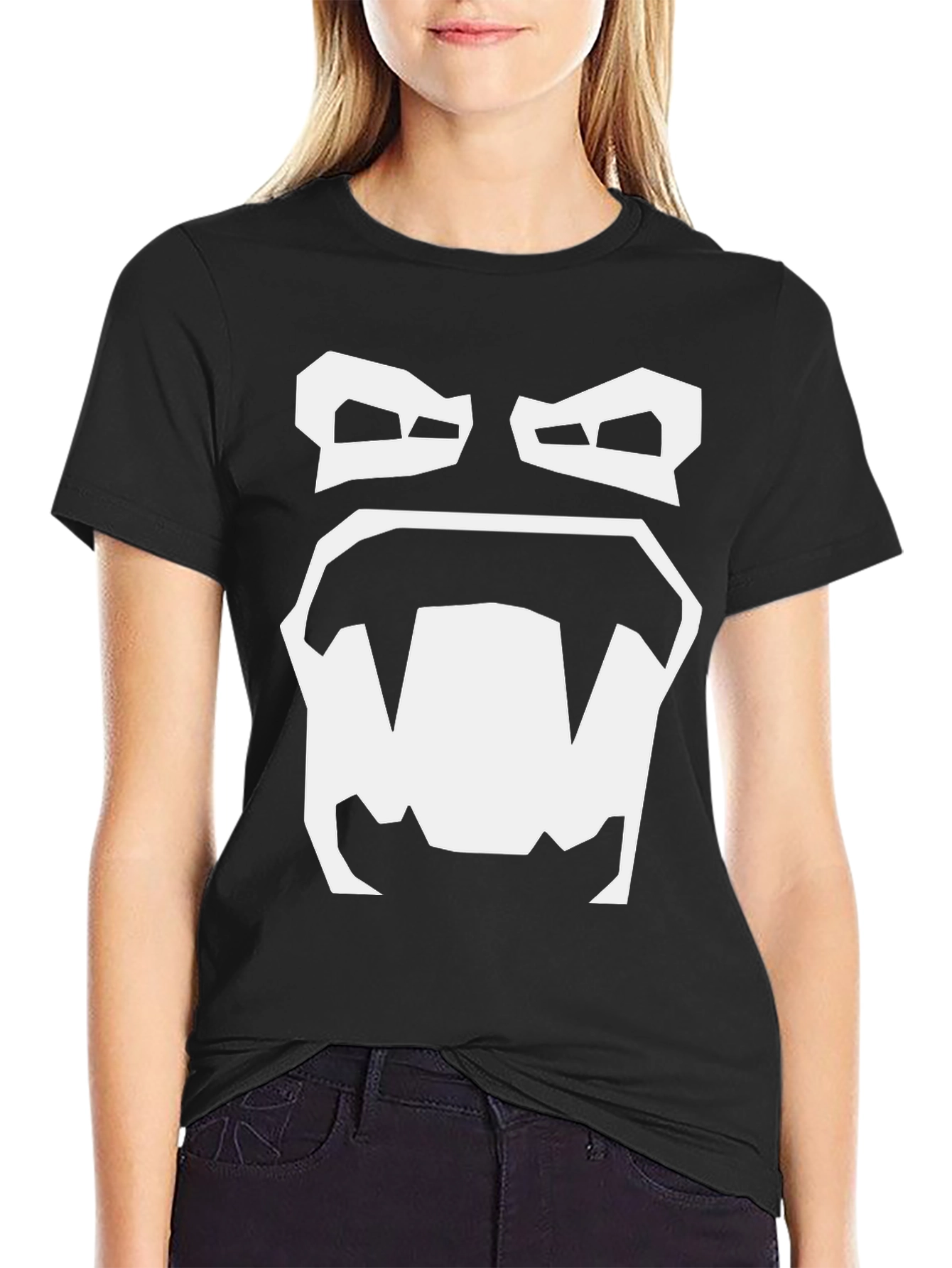 Cartoon Monster Face Graphic Tee - Black Cotton T-Shirt