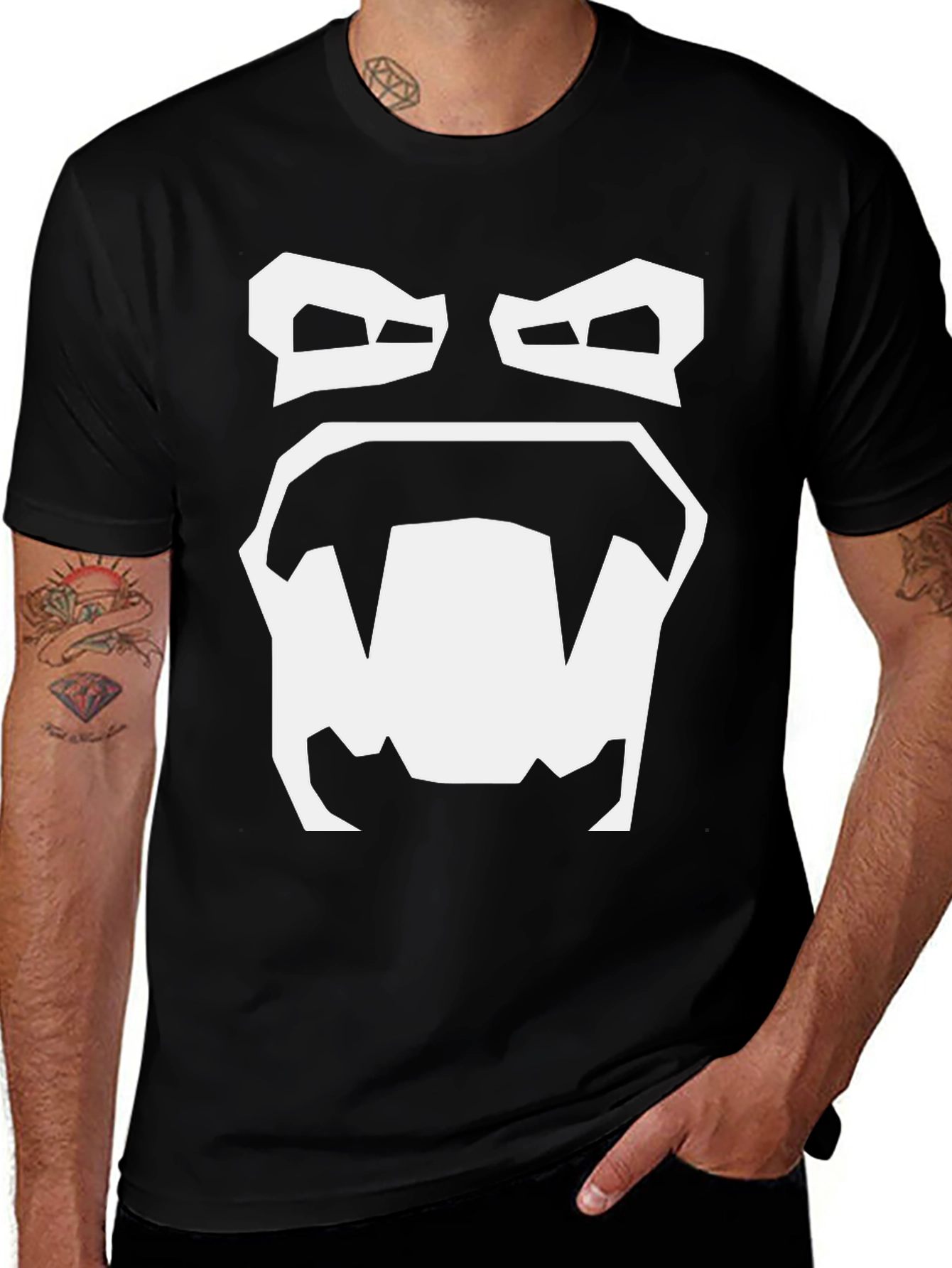 Cartoon Monster Face Graphic Tee - Black Cotton T-Shirt