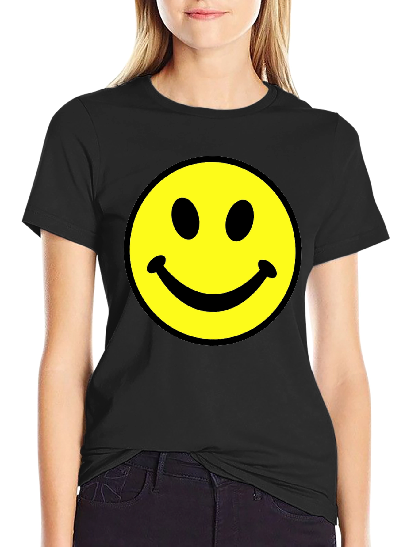 Smiley Face Graphic Tee - Black Cotton Comfort