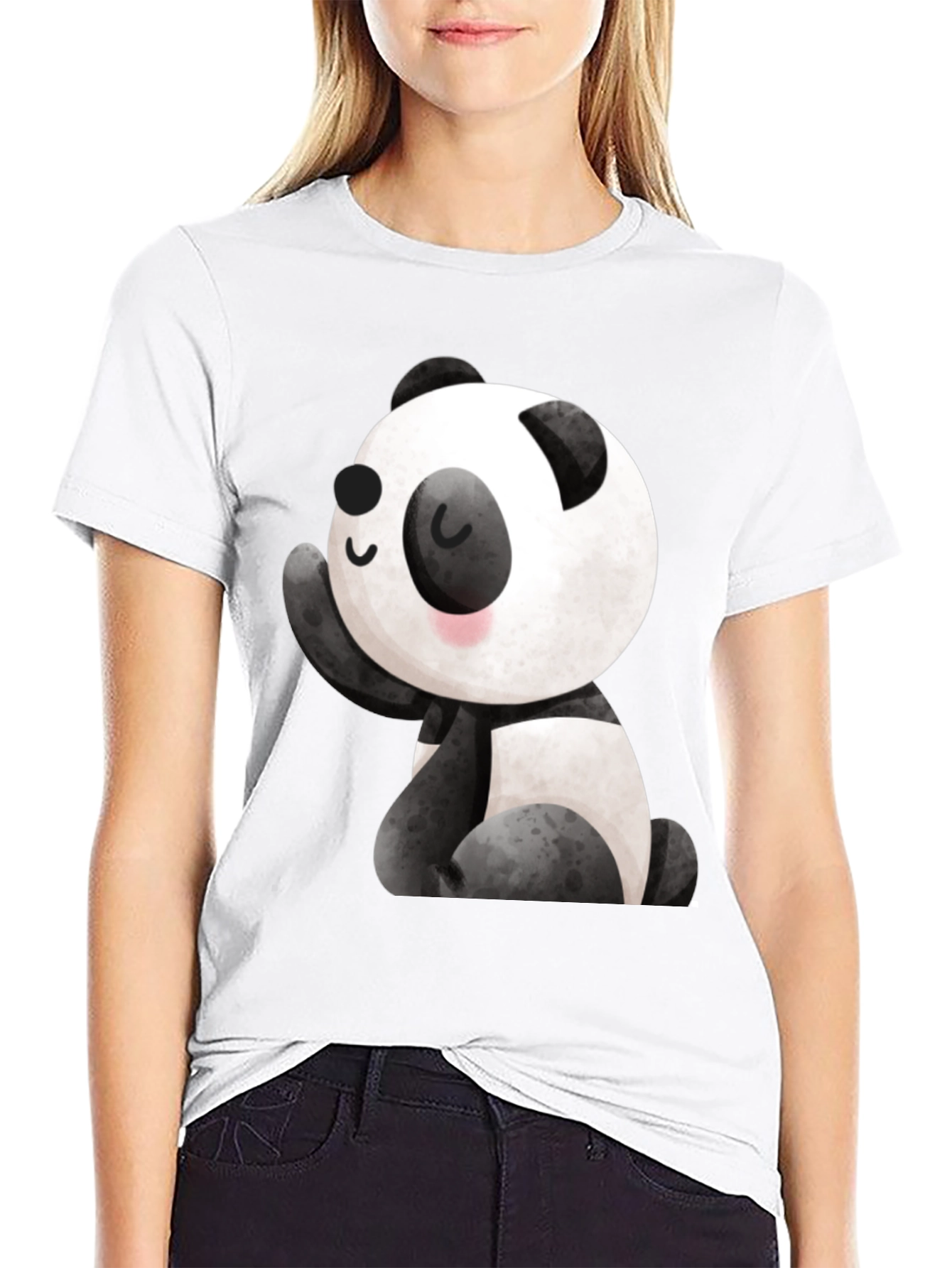 Cute Panda Graphic Tee - Black Crew Neck