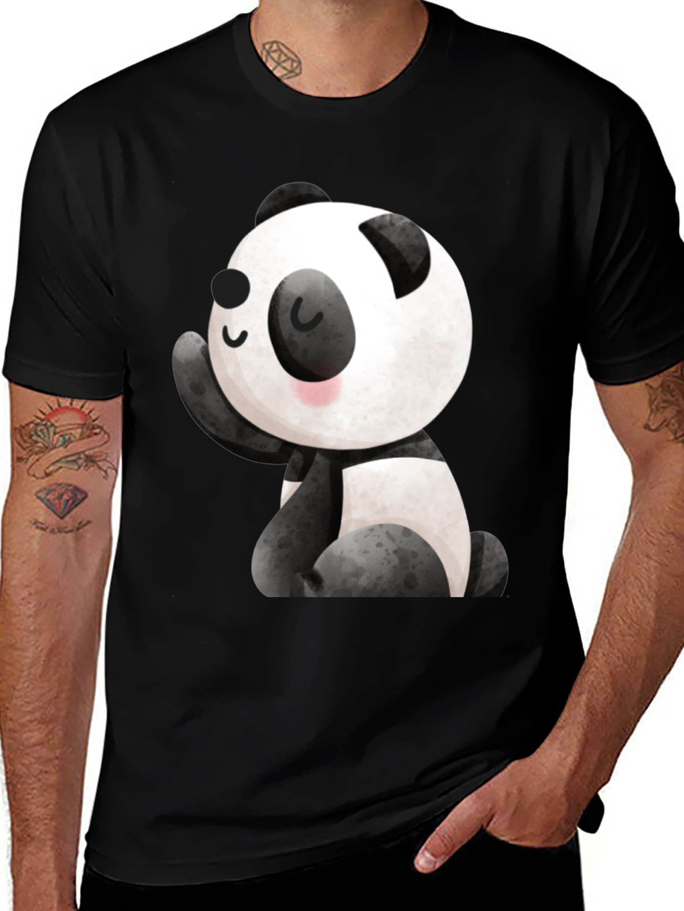 Cute Panda Graphic Tee - Black Crew Neck