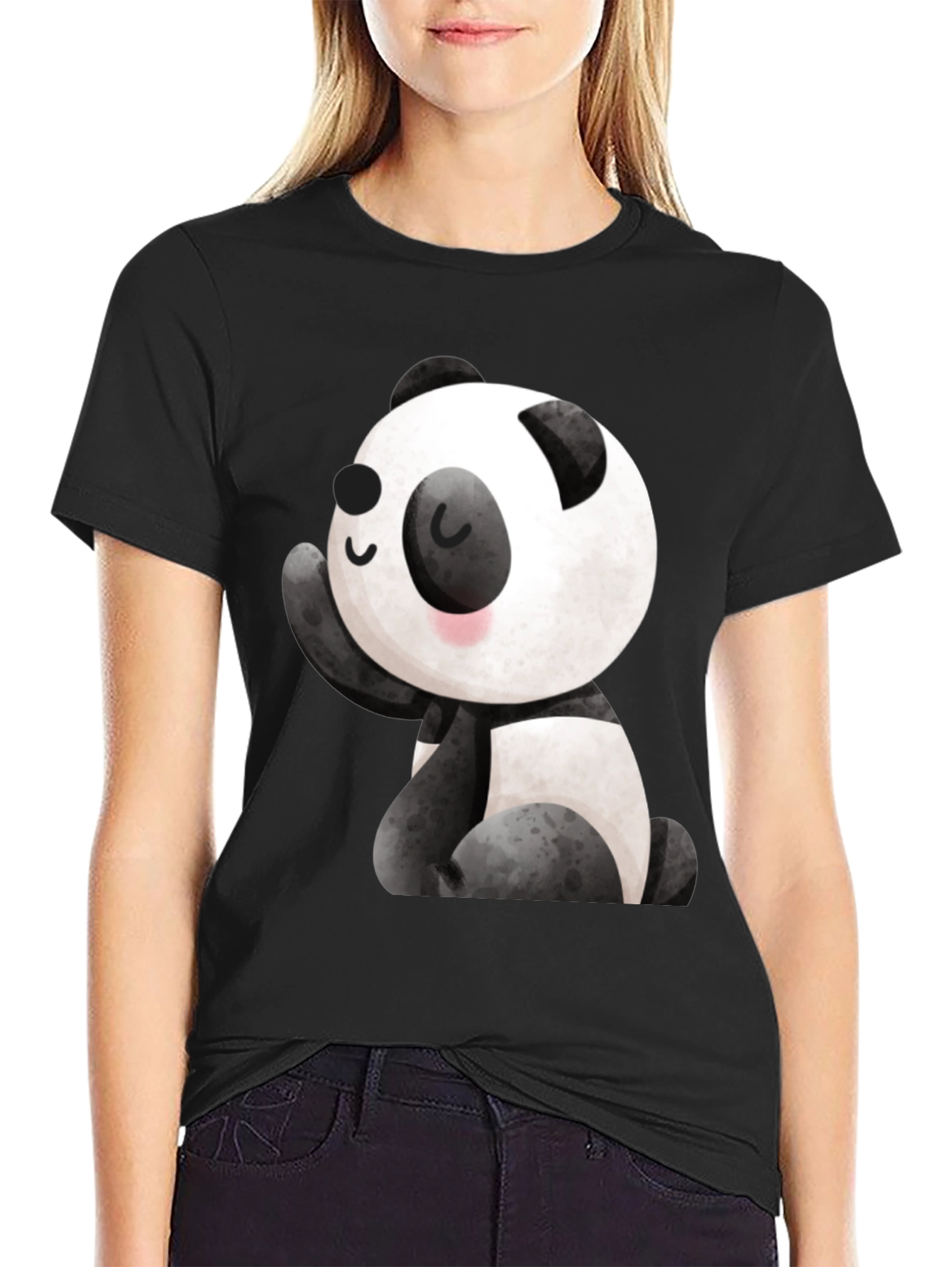 Cute Panda Graphic Tee - Black Crew Neck