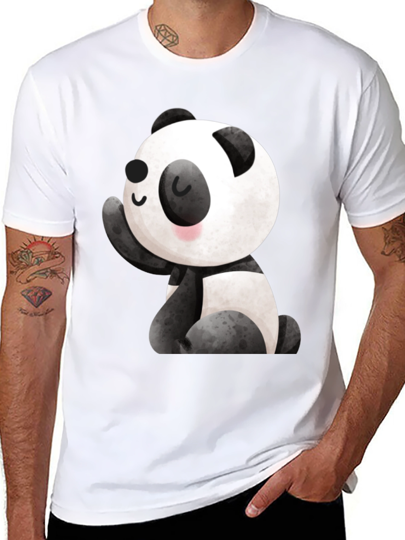 Cute Panda Graphic Tee - Black Crew Neck