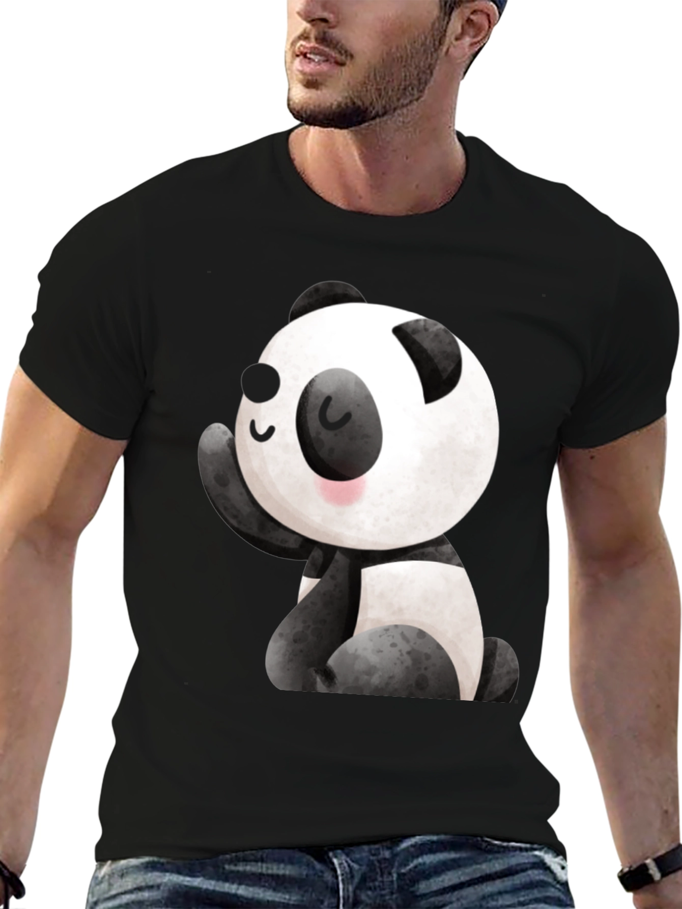 Cute Panda Graphic Tee - Black Crew Neck