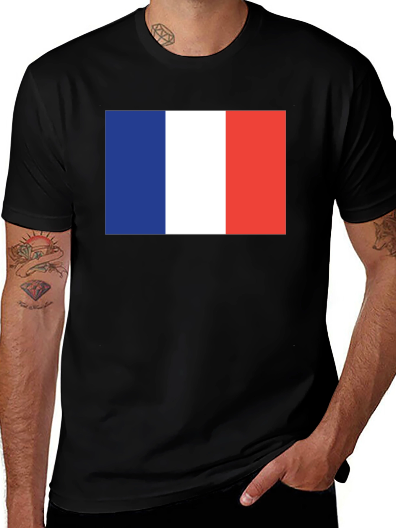 French Flag Graphic Tee - Black Cotton T-Shirt