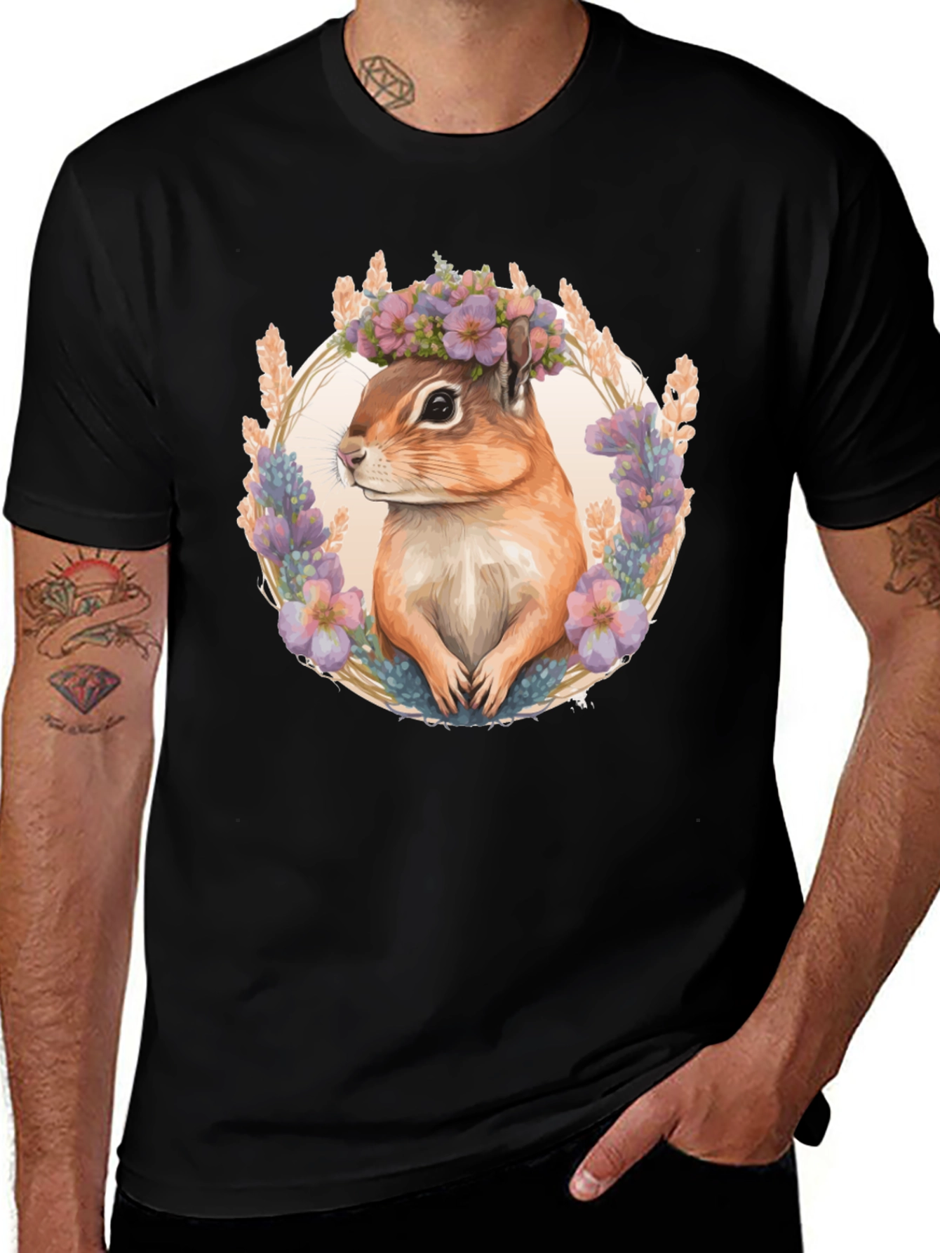 Chipmunk Floral Wreath Black T-Shirt