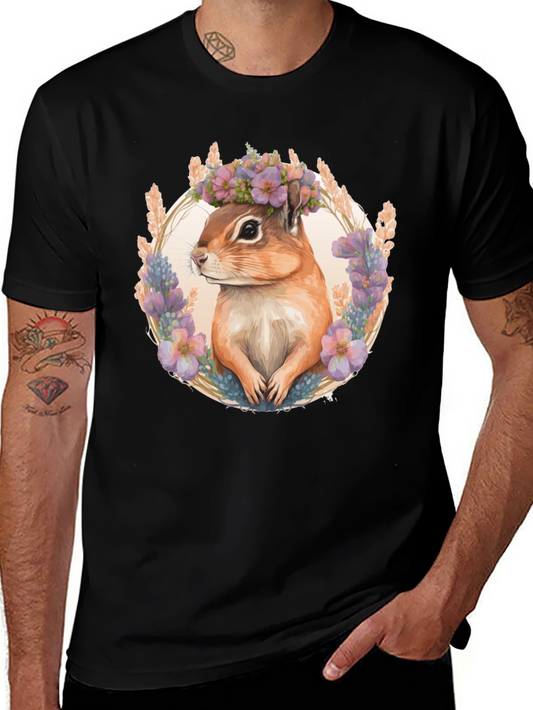 Chipmunk Floral Wreath Black T-Shirt