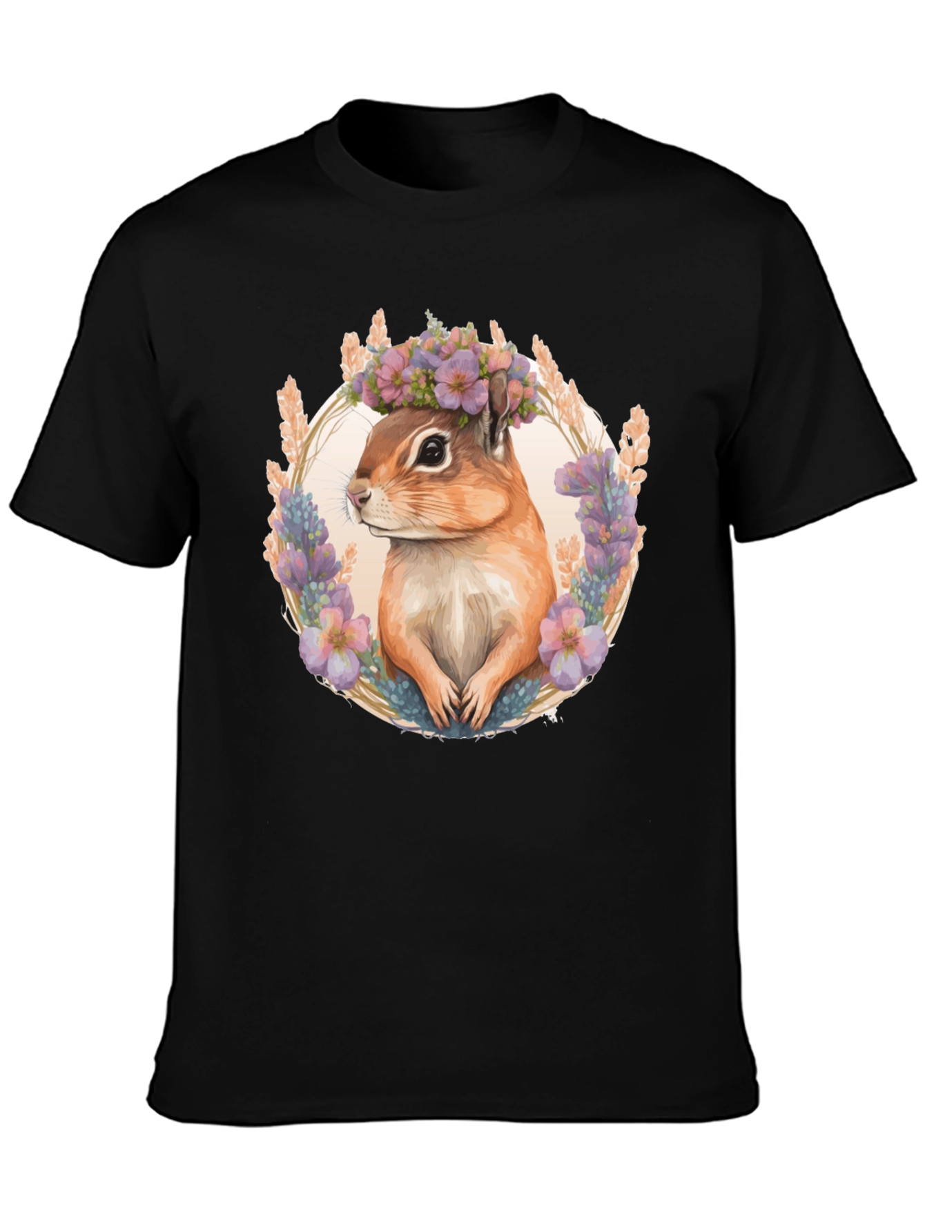 Chipmunk Floral Wreath Black T-Shirt