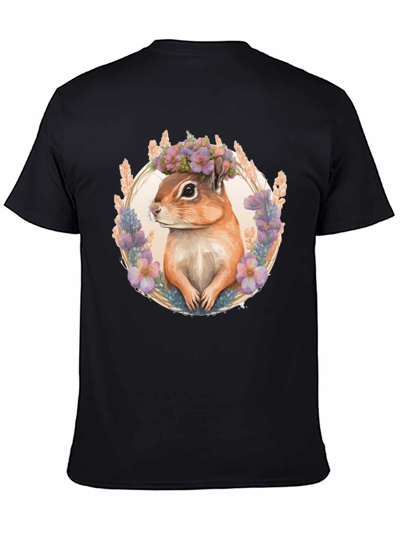 Chipmunk Floral Wreath Black T-Shirt