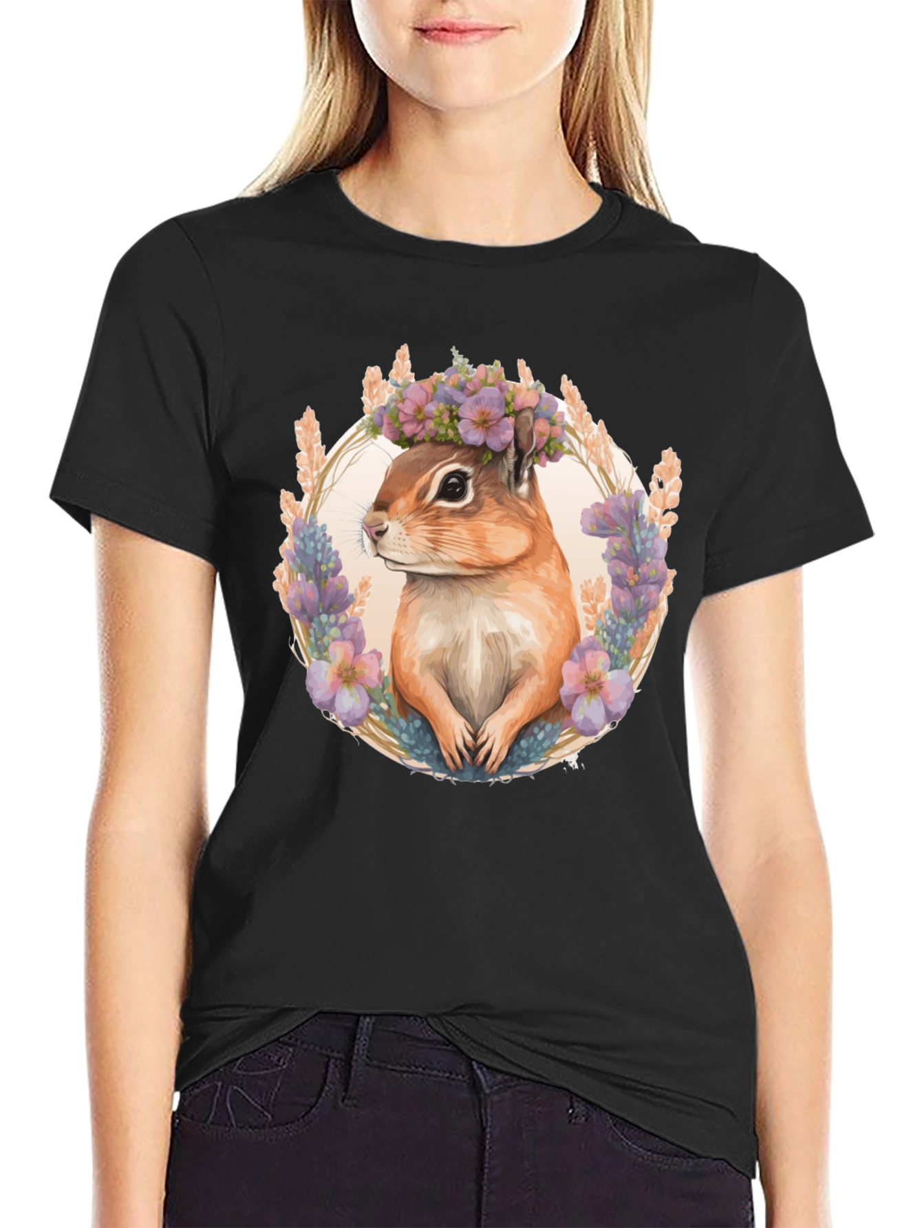 Chipmunk Floral Wreath Black T-Shirt