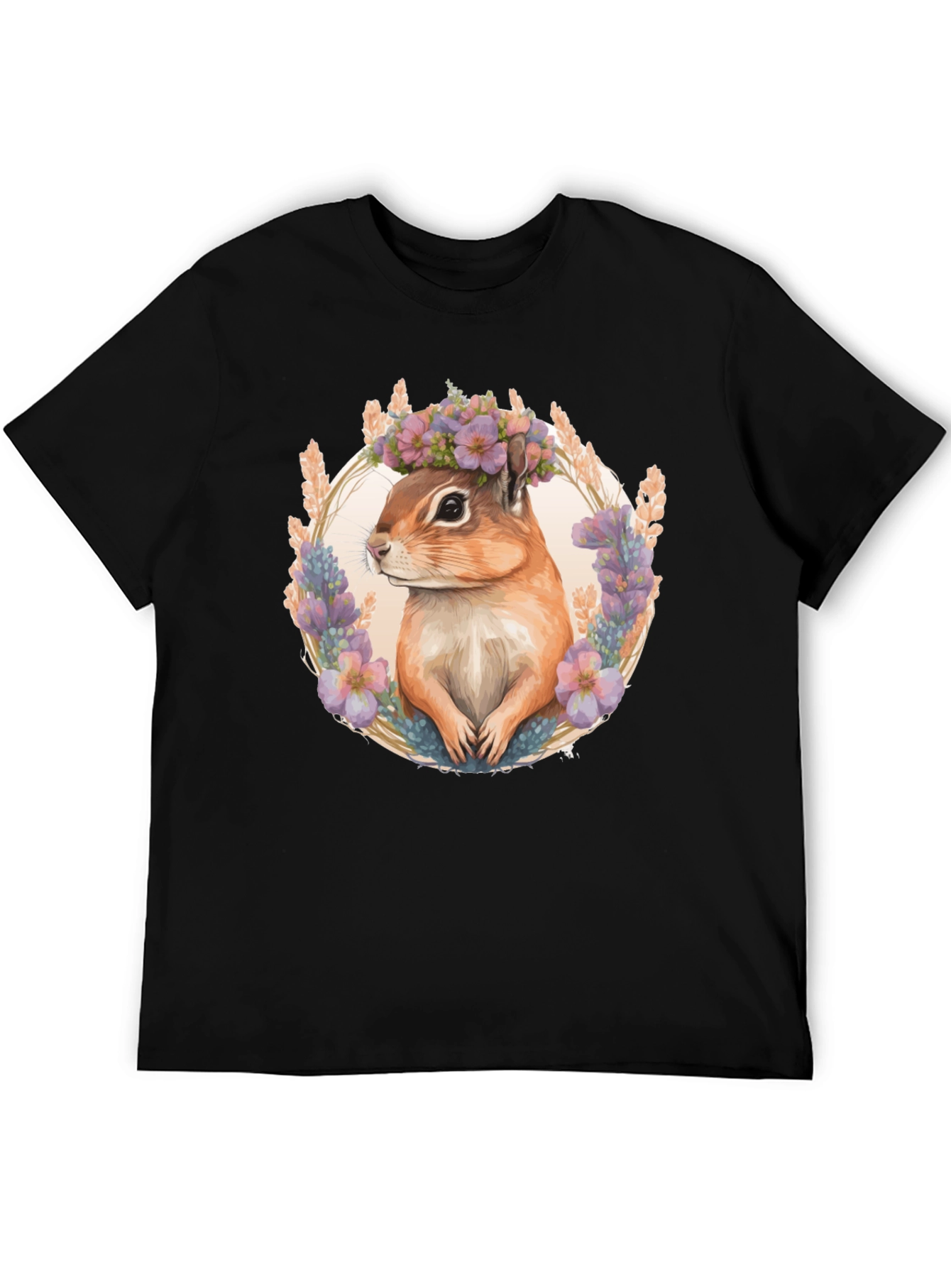 Chipmunk Floral Wreath Black T-Shirt