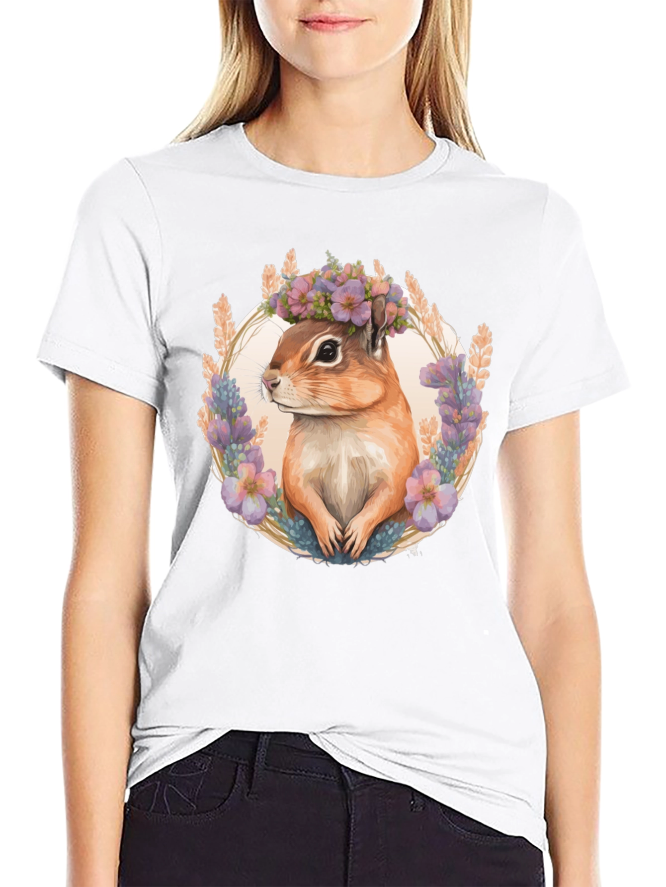 Chipmunk Floral Wreath Black T-Shirt