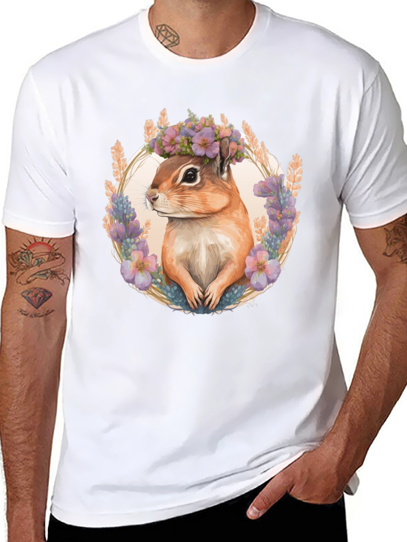 Chipmunk Floral Wreath Black T-Shirt