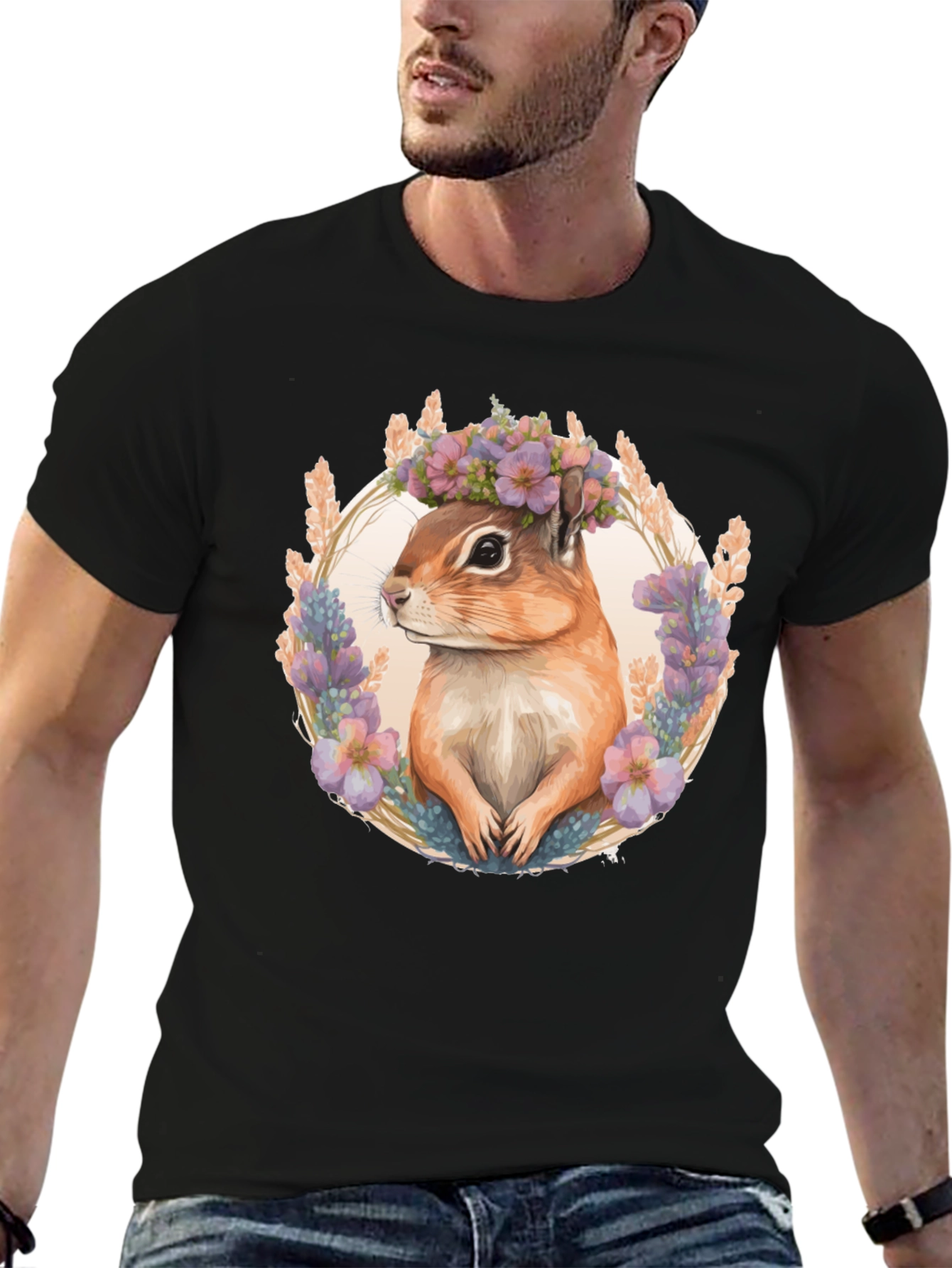 Chipmunk Floral Wreath Black T-Shirt
