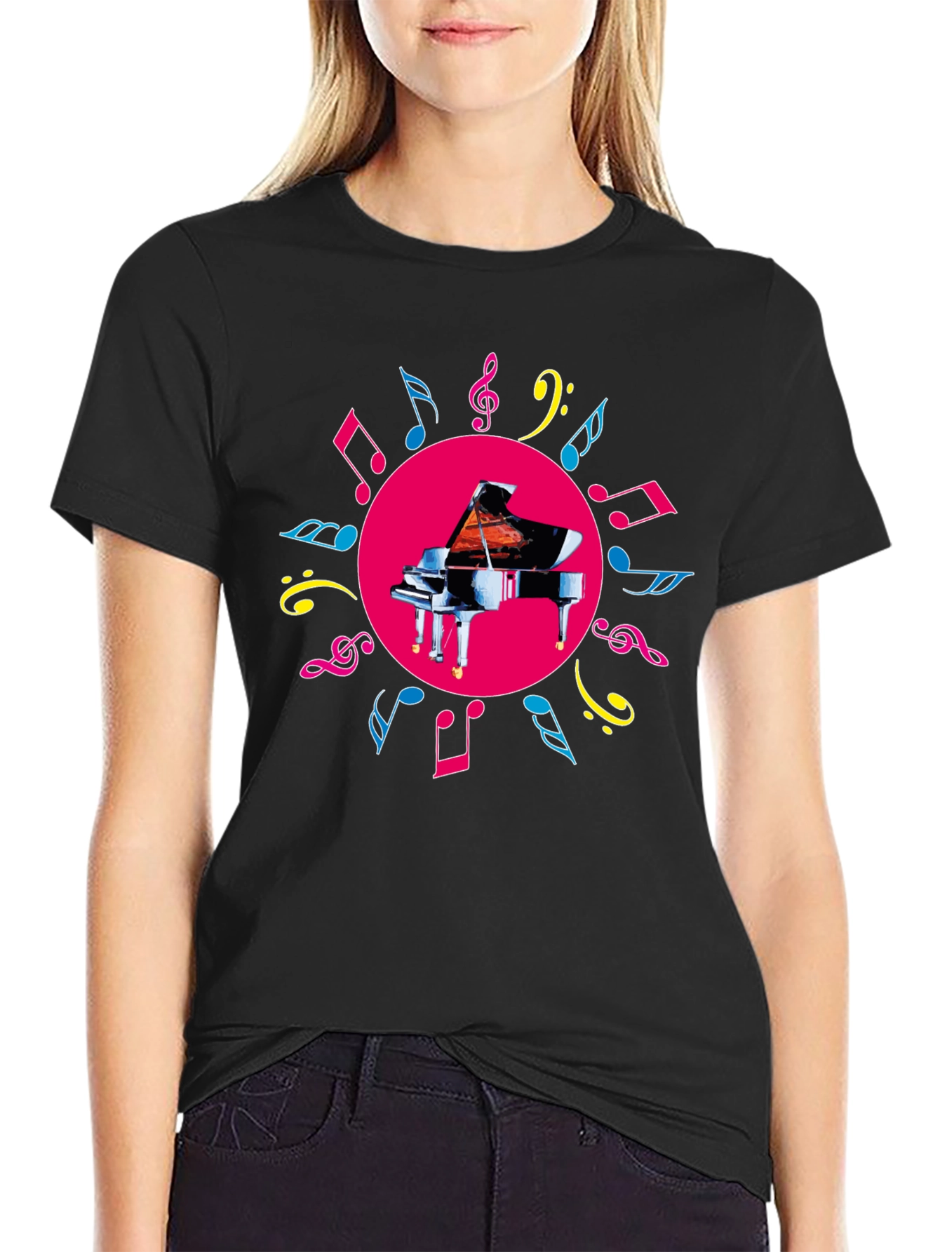 Piano & Music Notes Graphic Tee - Black