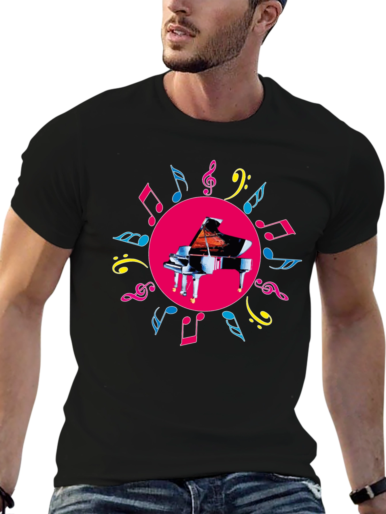 Piano & Music Notes Graphic Tee - Black