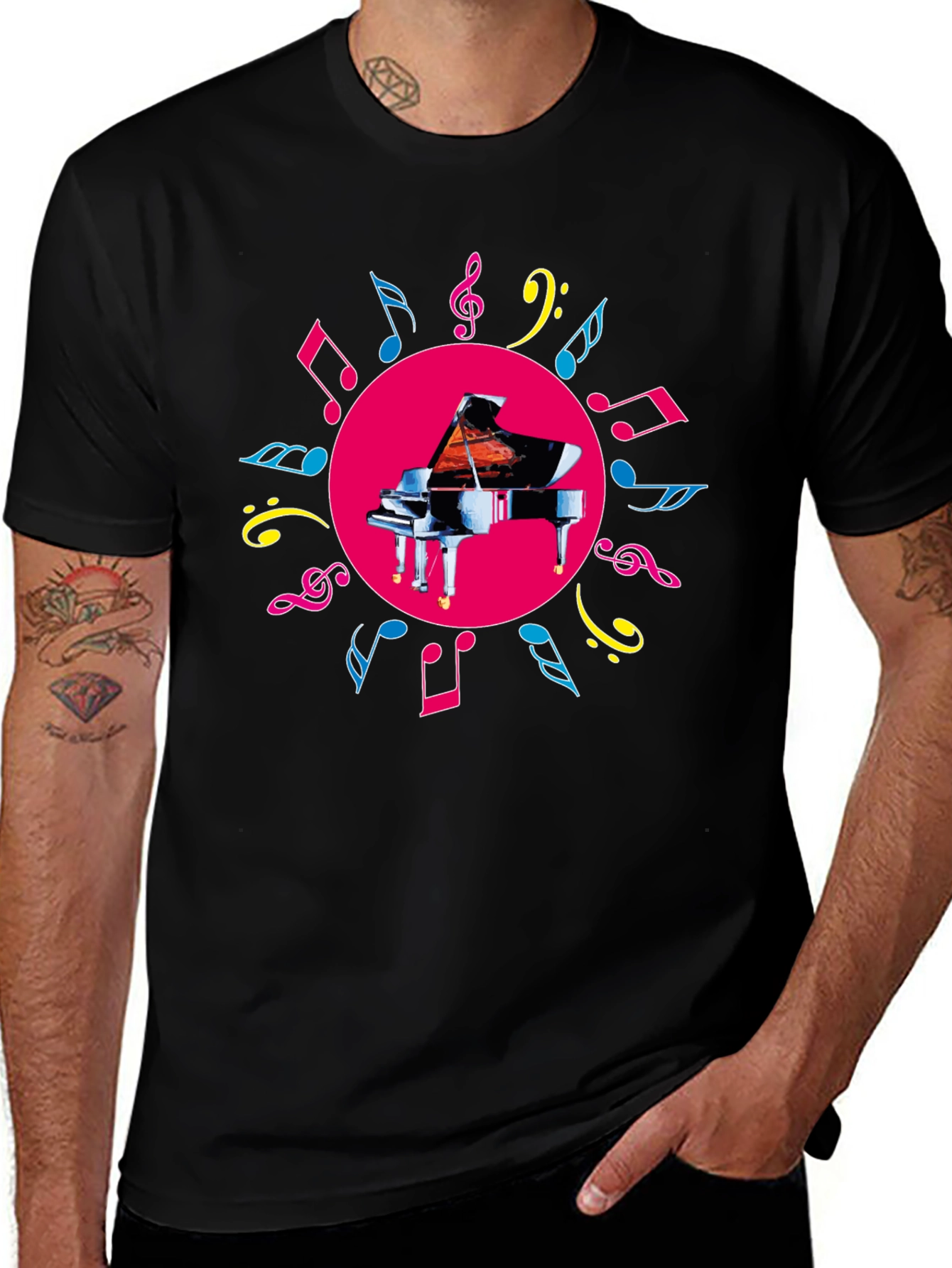 Piano & Music Notes Graphic Tee - Black
