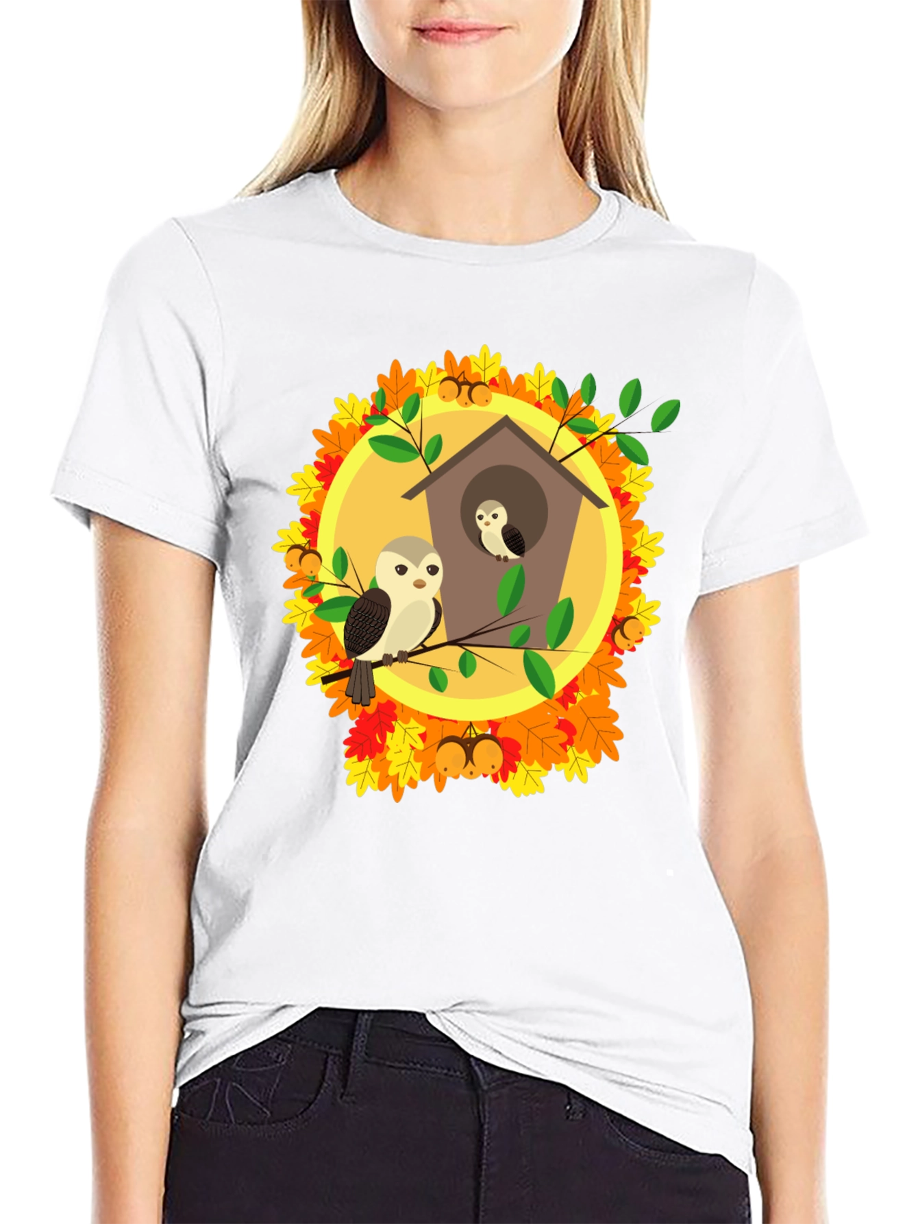 Autumn Owl House T-Shirt: Fall Bird Design