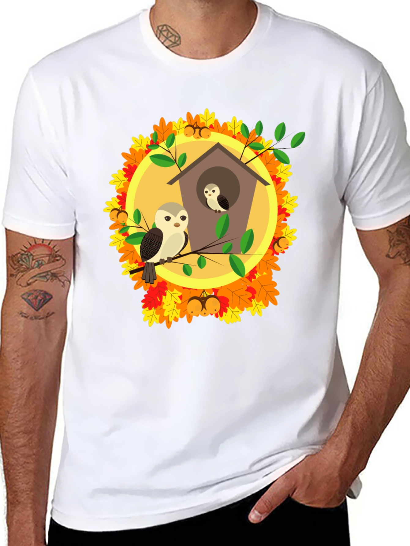 Autumn Owl House T-Shirt: Fall Bird Design