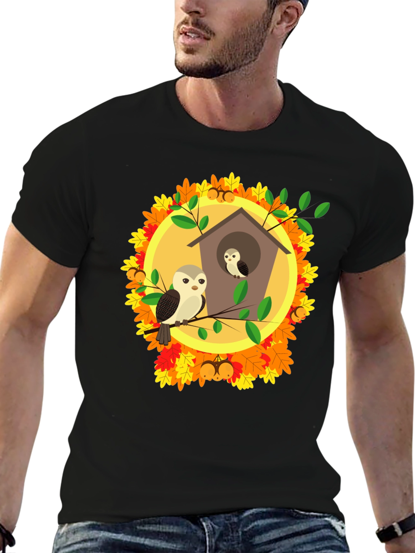 Autumn Owl House T-Shirt: Fall Bird Design