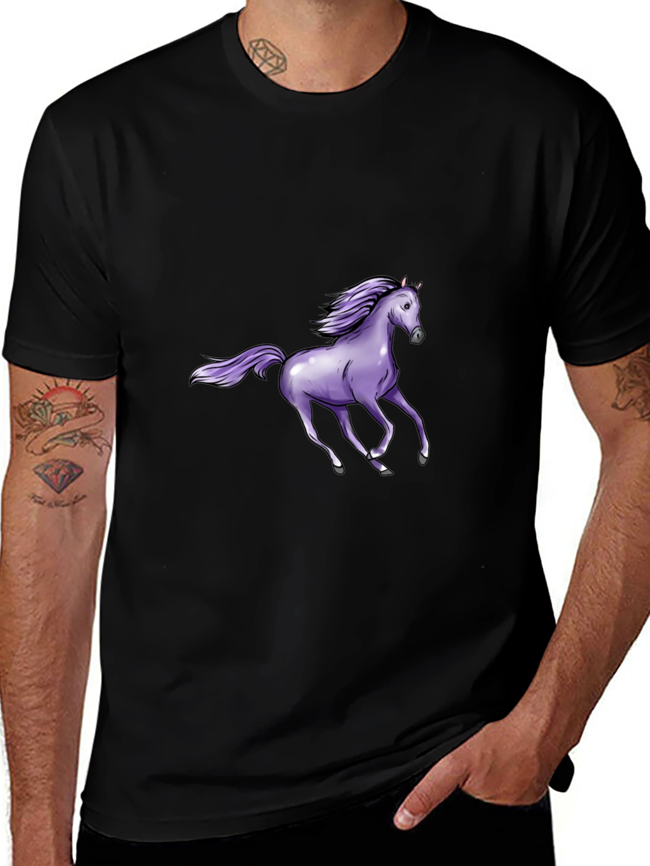 Black T-Shirt with Purple Horse Graphic