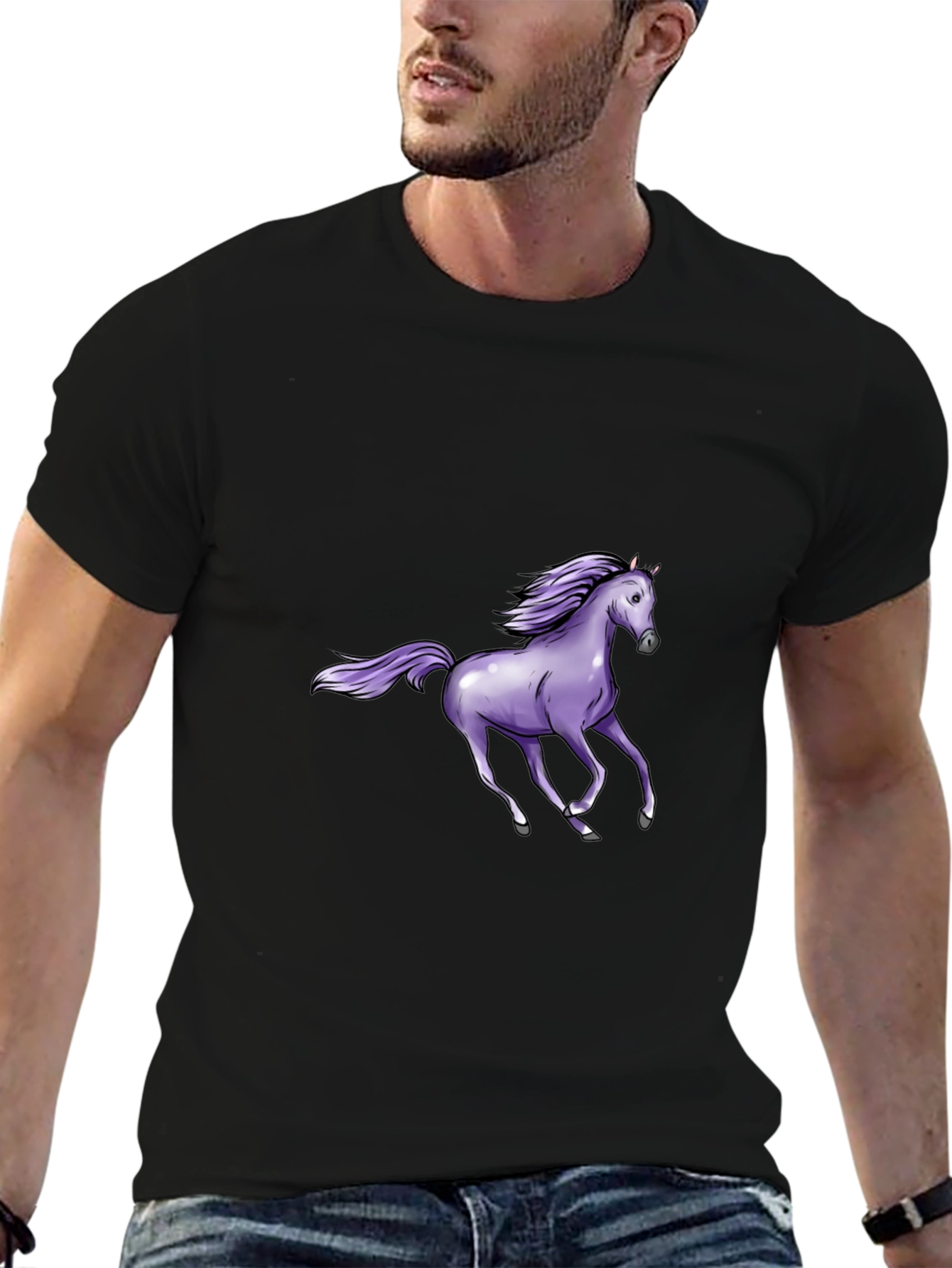 Black T-Shirt with Purple Horse Graphic