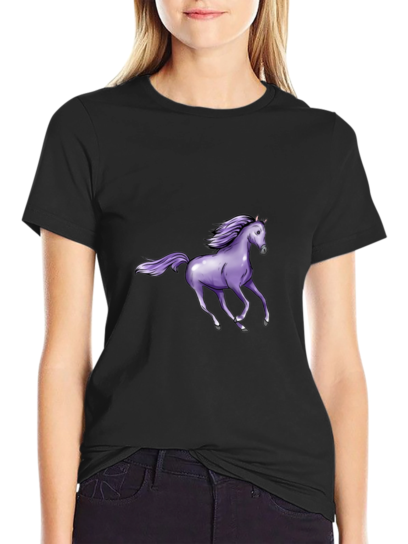 Black T-Shirt with Purple Horse Graphic