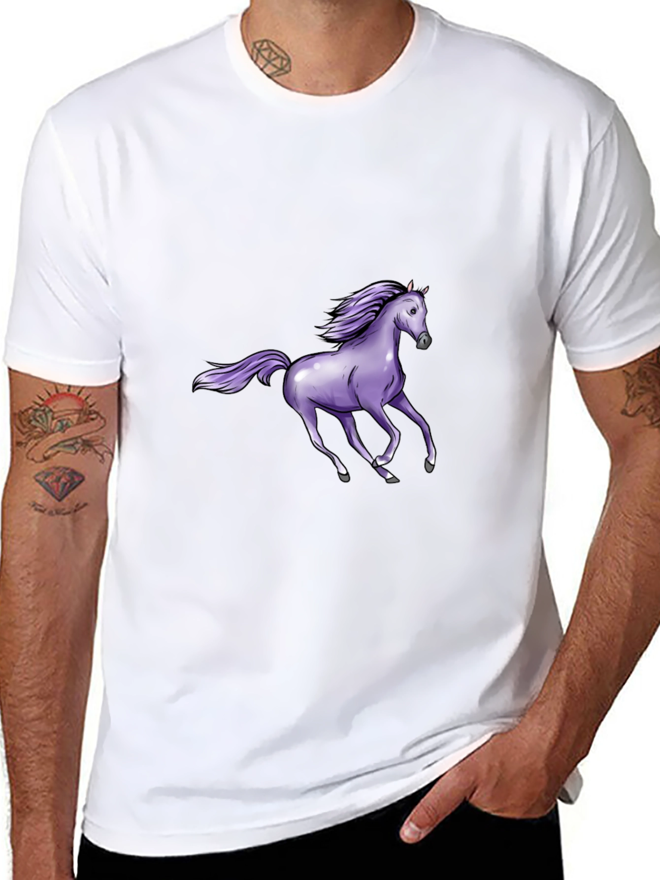 Black T-Shirt with Purple Horse Graphic