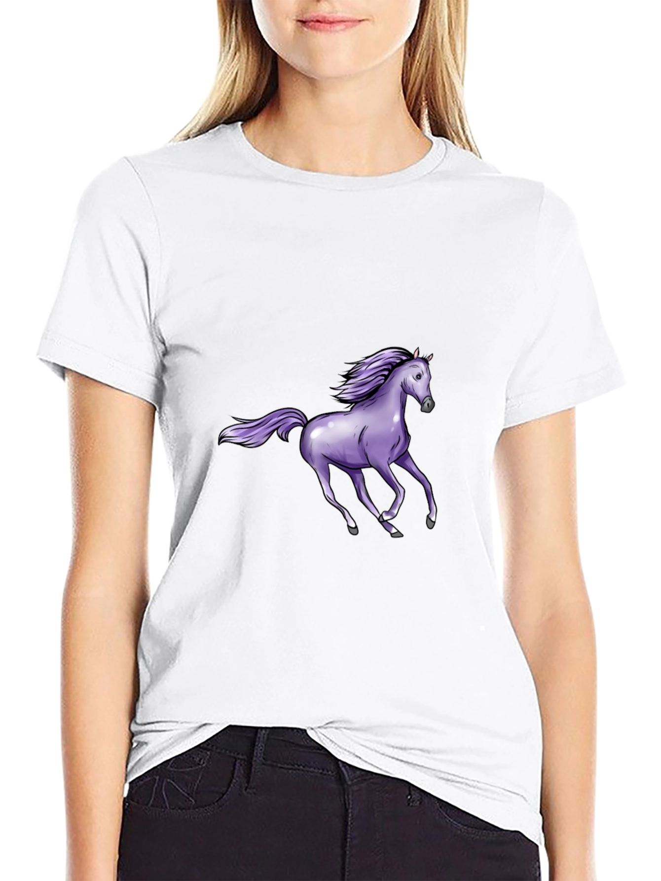 Black T-Shirt with Purple Horse Graphic