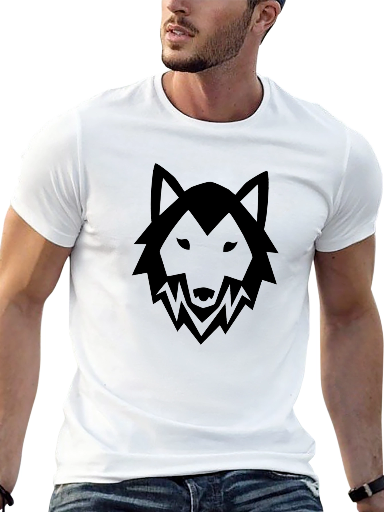 Mens Black T-Shirt with Wolf Graphic