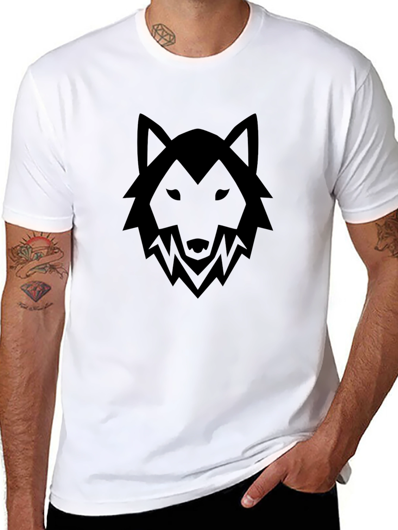 Mens Black T-Shirt with Wolf Graphic
