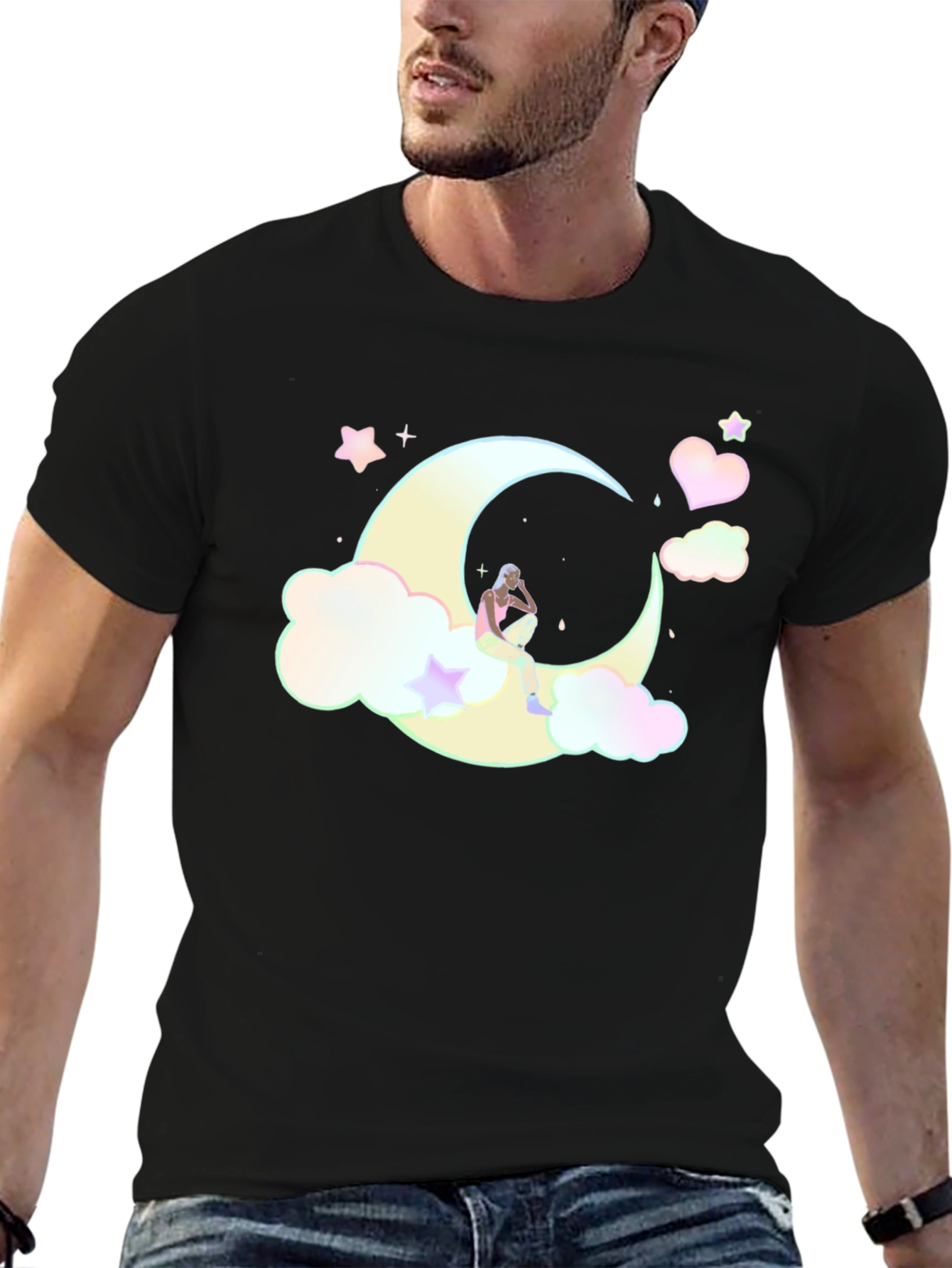 Dreamy Moon Graphic Tee - Soft Black Cotton T-Shirt