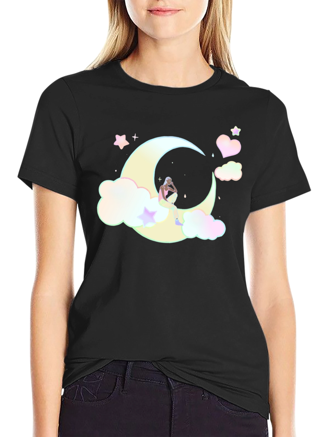 Dreamy Moon Graphic Tee - Soft Black Cotton T-Shirt