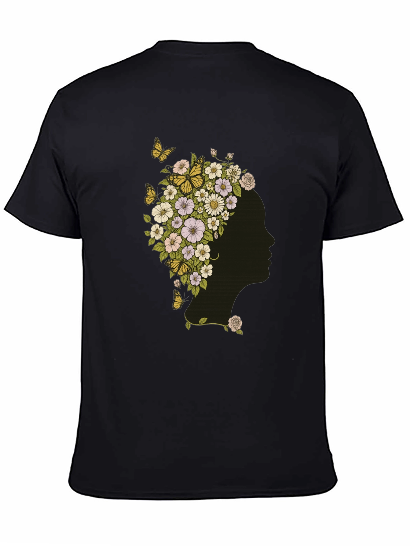 Floral Woman Graphic Tee - Black Cotton T-Shirt