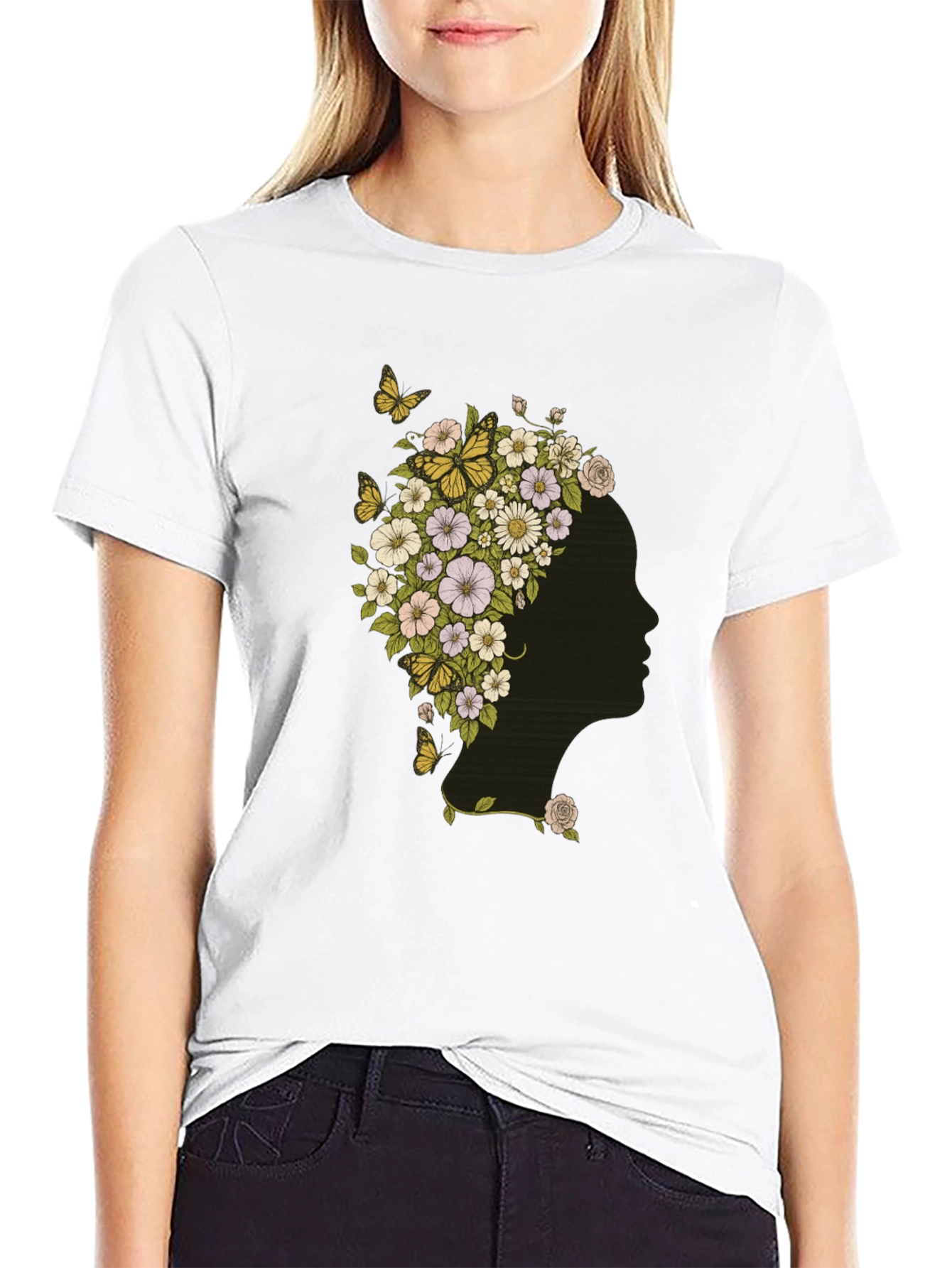 Floral Woman Graphic Tee - Black Cotton T-Shirt