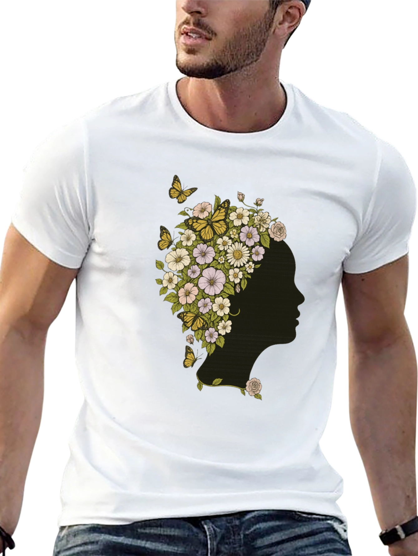Floral Woman Graphic Tee - Black Cotton T-Shirt