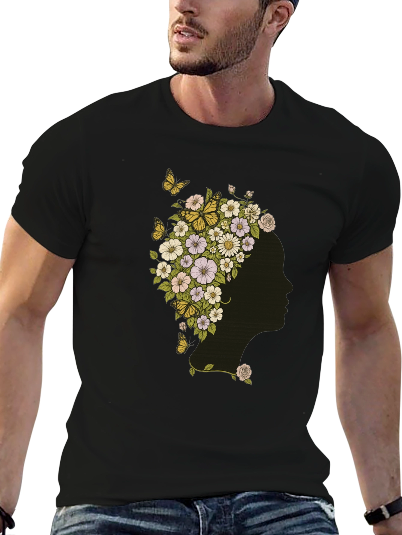 Floral Woman Graphic Tee - Black Cotton T-Shirt