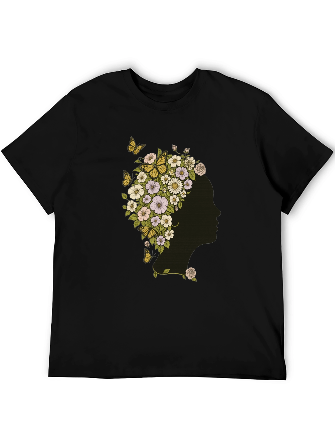 Floral Woman Graphic Tee - Black Cotton T-Shirt